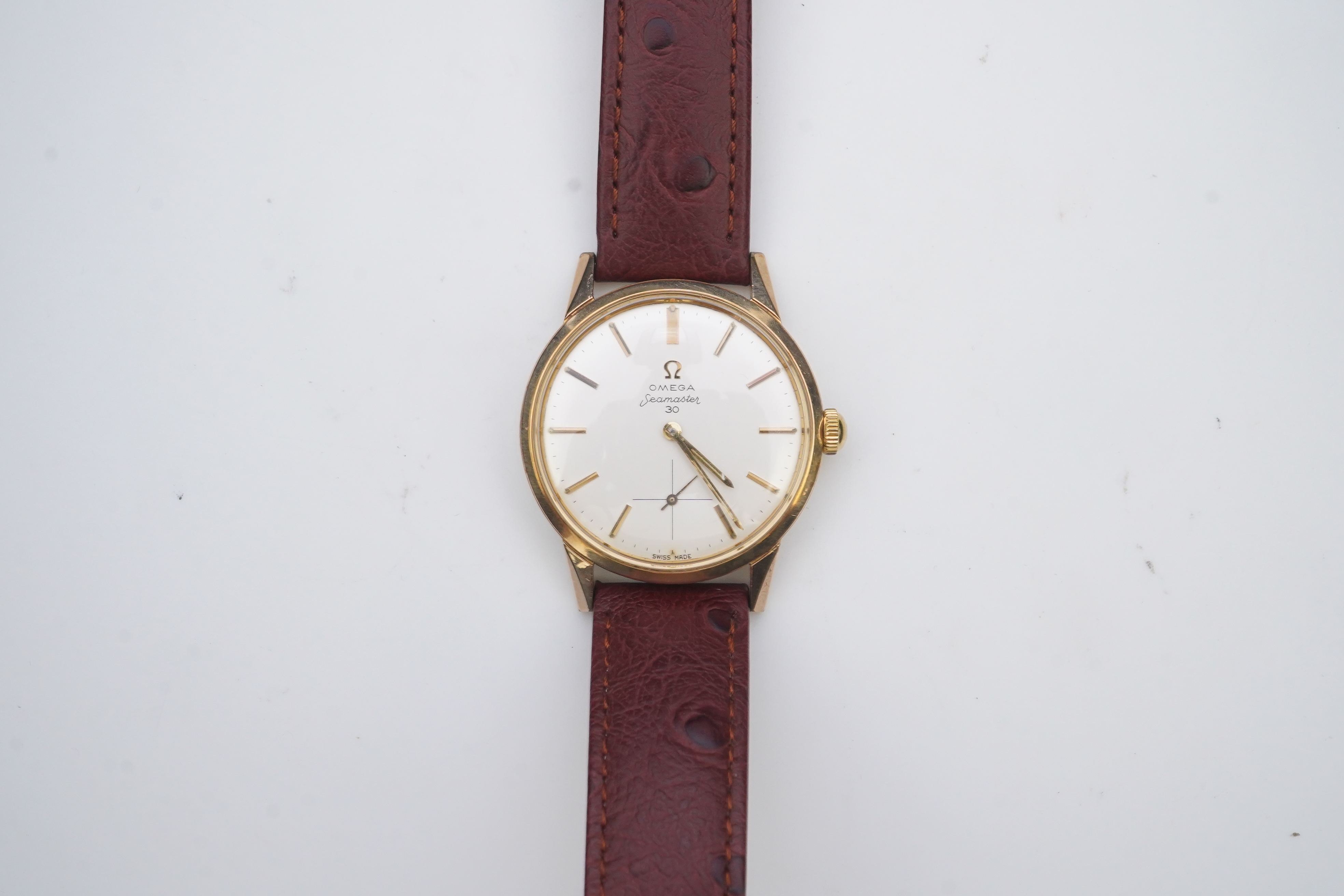 A gentleman's early 1960's steel and gold plated Omega Seamaster 30 manual wind wrist watch, on a later associated leather strap